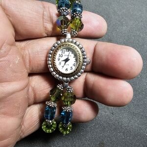 Geneva Elite Ladies Quartz Watch Bead Bracelet Sterling Silver Toggle Clasp Work